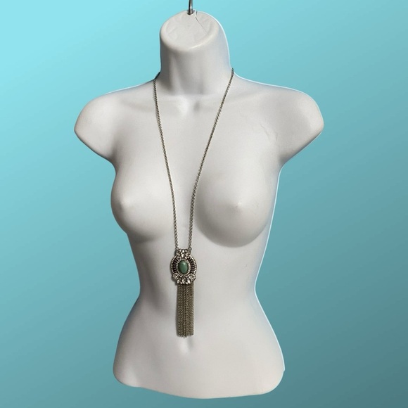 Crystal & Faux Turquoise Cabochon Necklace With Chain Dangles - Picture 8 of 9